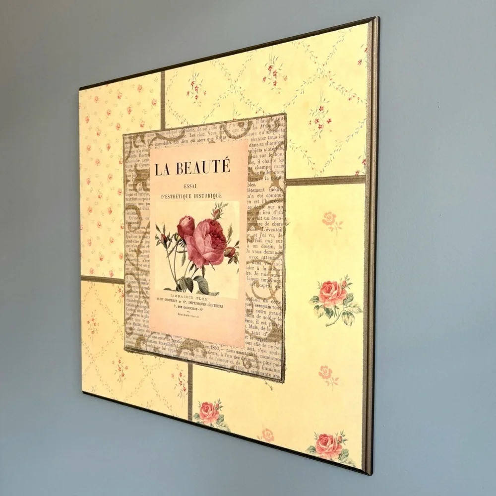 VTG Floral Wall Art Sign Decor Plaque Yellow Pink Cottagecore La Beaute 18 x 18